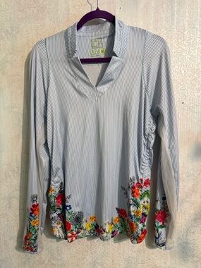 Lucky in Love Light Blue Pinstripe Long Sleeve With Mesh Shirt with Floral Hem